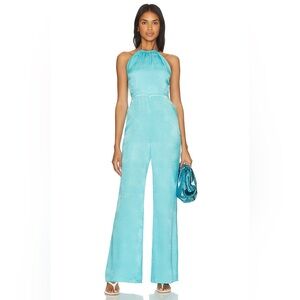 Camila Coelho Floriana Halter Wide Leg Jumpsuit Bright Blue Jacquard NWT